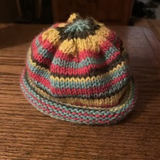 Hand Knit Newborn Infant Winter Hat, Cap Hippie Boho Multicolor Stripes  