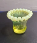 Uranium Vaseline Topaz Opalescent Mini Vase 2” Tall Fenton "37"  Crimp. DAMAGE