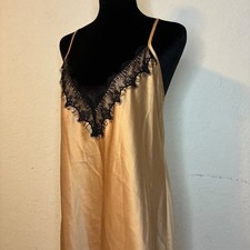 Frederick's of Hollywood Satin Slip Gold Black Lace Medium Chemise Nightgown