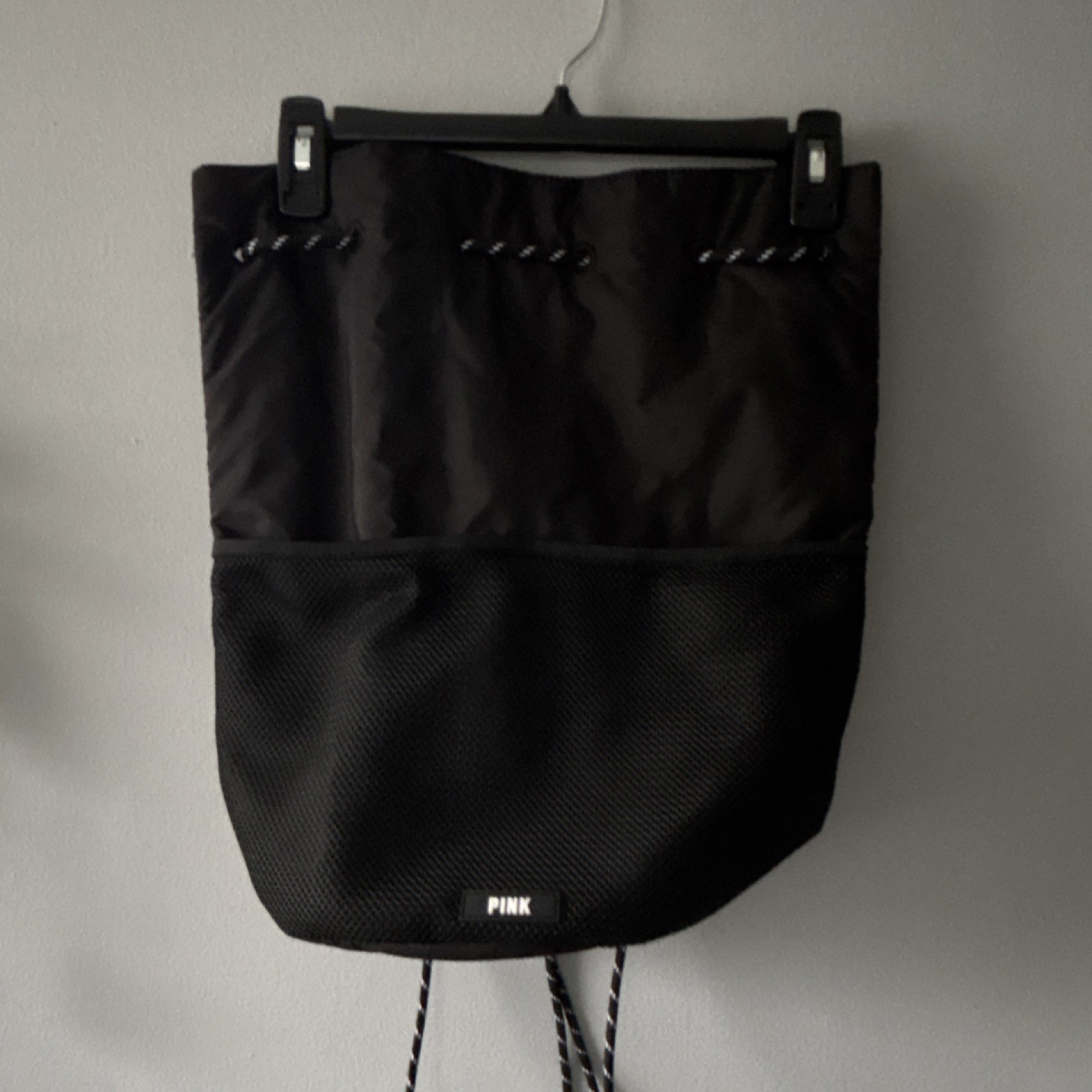 PINK Black Mesh Drawstring Backpack Lightweight A… - image 1