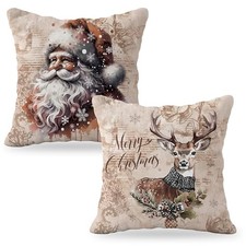 Retro Christmas Pillow Covers 18x18 Set of 2, Vintage Santa Reindeer Christmas