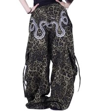 Women's Dark Leopard Straight Wide Leg Casual Pants Cargo Pockets Punk Hip Hop