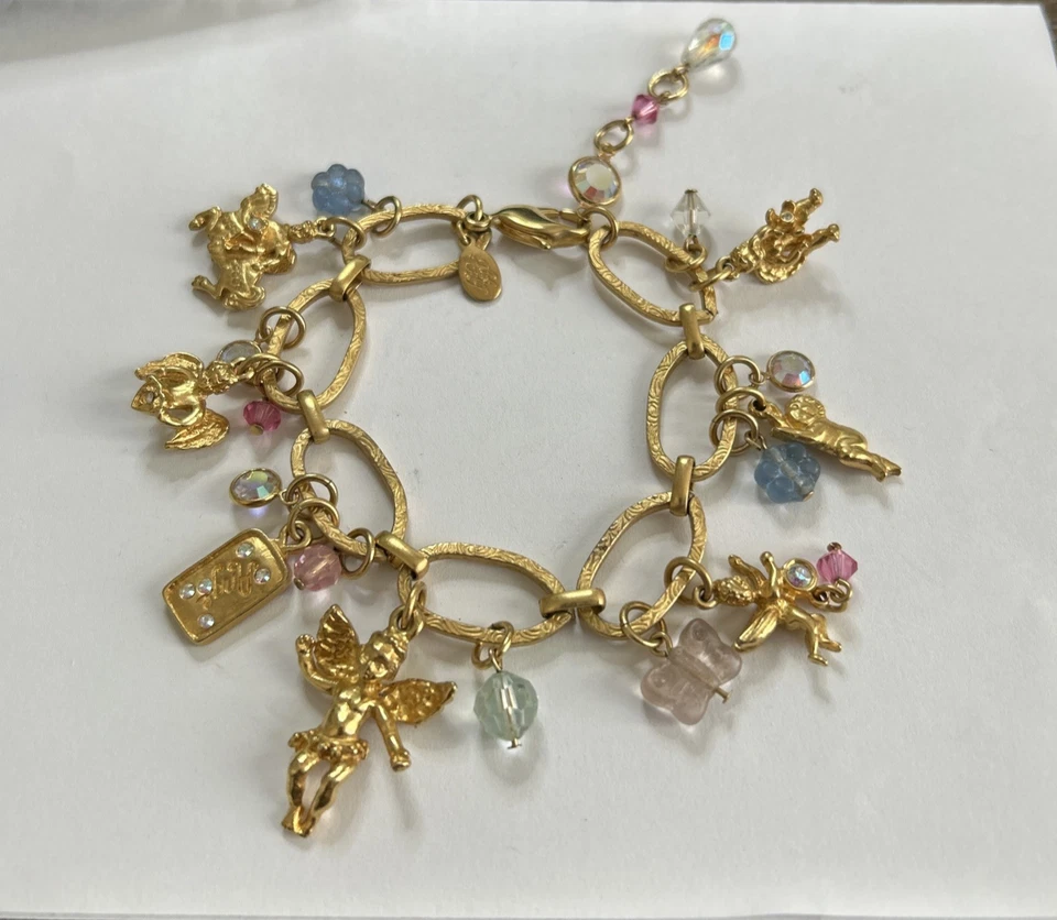 Vintage Kirks Folly Gold Charm Bracelet CHERUBS with Flowers and Butterflies - Image 2 of 4