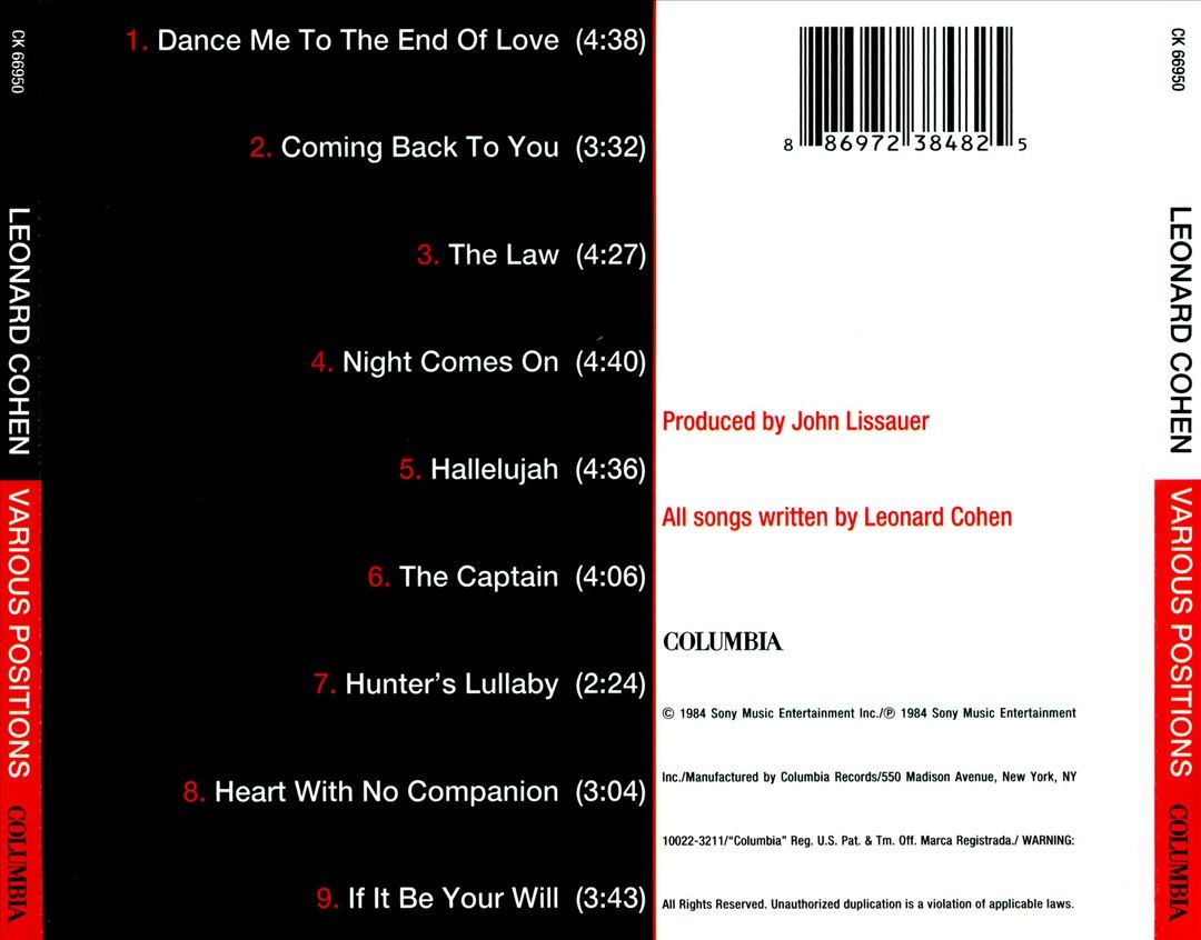 Leonard Cohen Various Positions New Cd
