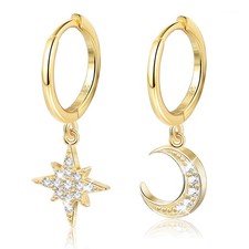 925 Sterling Silver Star Moon Dangle Hoop Earring 18K Yellow Gold Plated CZ Drop