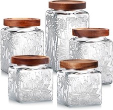 5 Pcs Sunflower Vintage Glass Jars Airtight Lid 17/24/34 oz,Square Glass