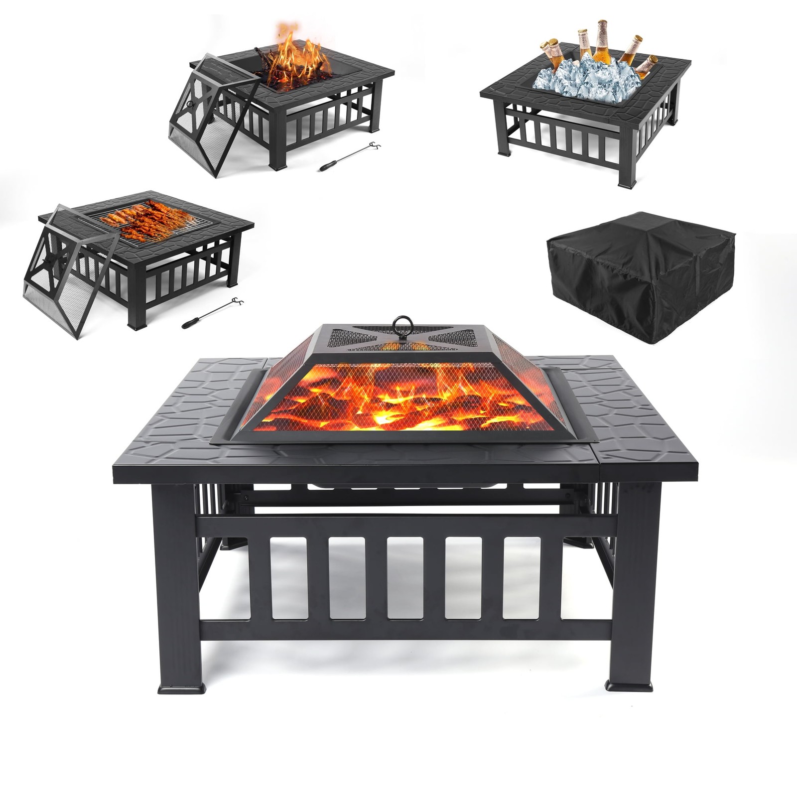 32" Outdoor Wood Burning Fire Pit Table with Accessories, Black