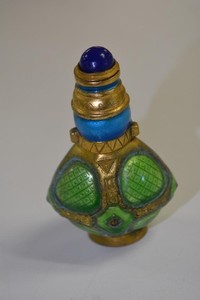 Green & Aqua Blue Enamel Gold Color Metal Brassy Bottle w/ Stopper Oriental