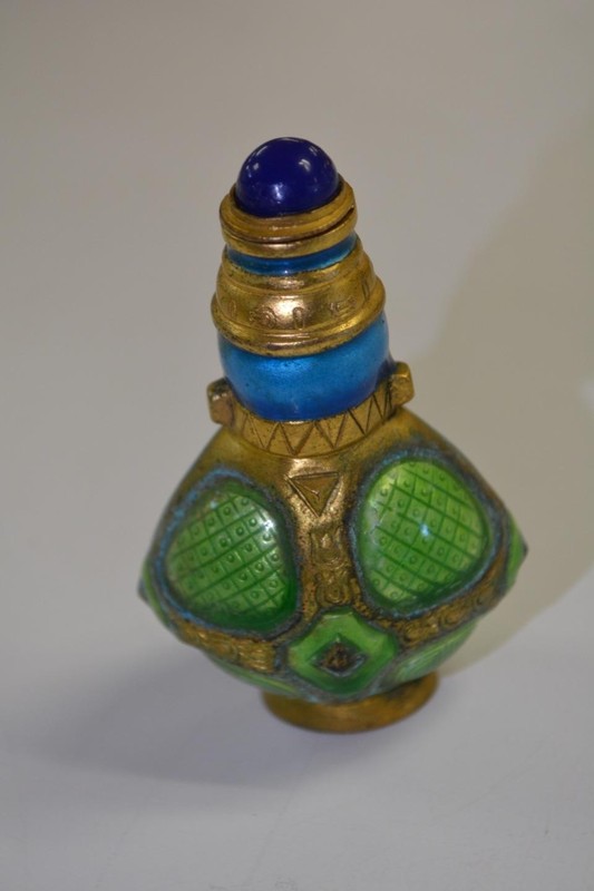 Green & Aqua Blue Enamel Gold Color Metal Brassy Bottle w/ Stopper Oriental