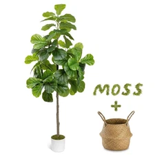 6FT Artificial Fiddle Leaf Fig Tree - Tall Fake Tree with White Planter&Seagr...