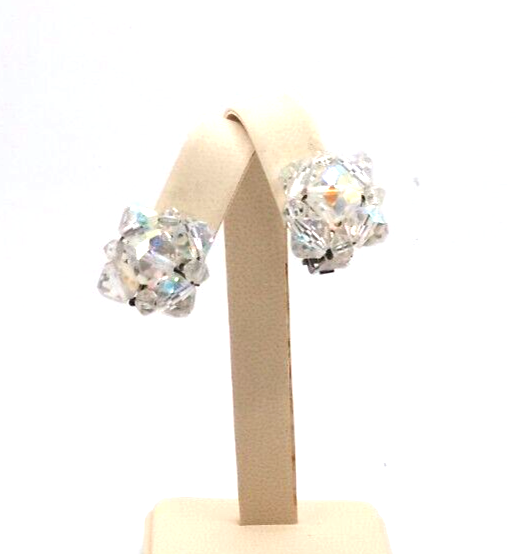 Vintage 1950's Silver Tone Aurora Borealis Beads .5" Square Clip On