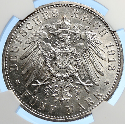 1913 GERMANY GERMAN STATES PRUSSIA WILHELM II Old Silver 5 Mark