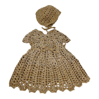 gold infant christmas dress Beautiful Handmade Crochet Baby and Bonnet Set NB to 6 mos happybirthday