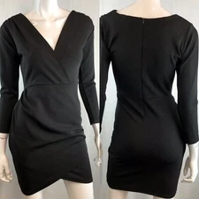 Zara Small Black V-Neck 3/4 Sleeve Basic Tulip Ruched Bodycon Sheath Mini Dress