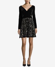 XSCAPE Velvet Burnout Fit & Flare Dress Black/Stone Size 8 $249