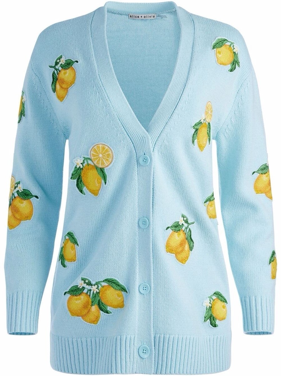 ALICE + OLIVIA BRADFORD LEMON EMBROIDERED BLUE CARDIGAN SIZE S