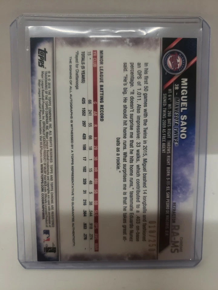 2016 Topps Chrome PURPLE Refractor MIGUEL SANO Autographed AUTO RC Twins /250 - Image 2 of 2