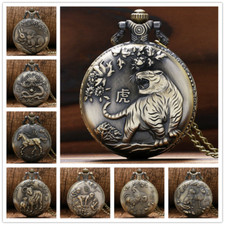 Bronze Retro Pocket Watch Chinese Zodiac Dragon Tiger Goat with Necklace Chain