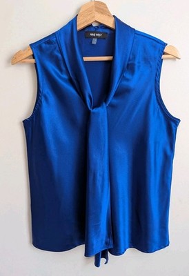 Y2K Royal Blue Liquid Satin Sleeveless Blouse Tie Neck Top Shiny Secretary Sz 10