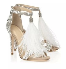 Rhinestone White Feather High Stiletto Heel Tassels Roma Womens Sandals Shoes