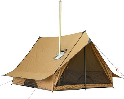 Portable wall-mounted tent with stove chimney and two tent poles.