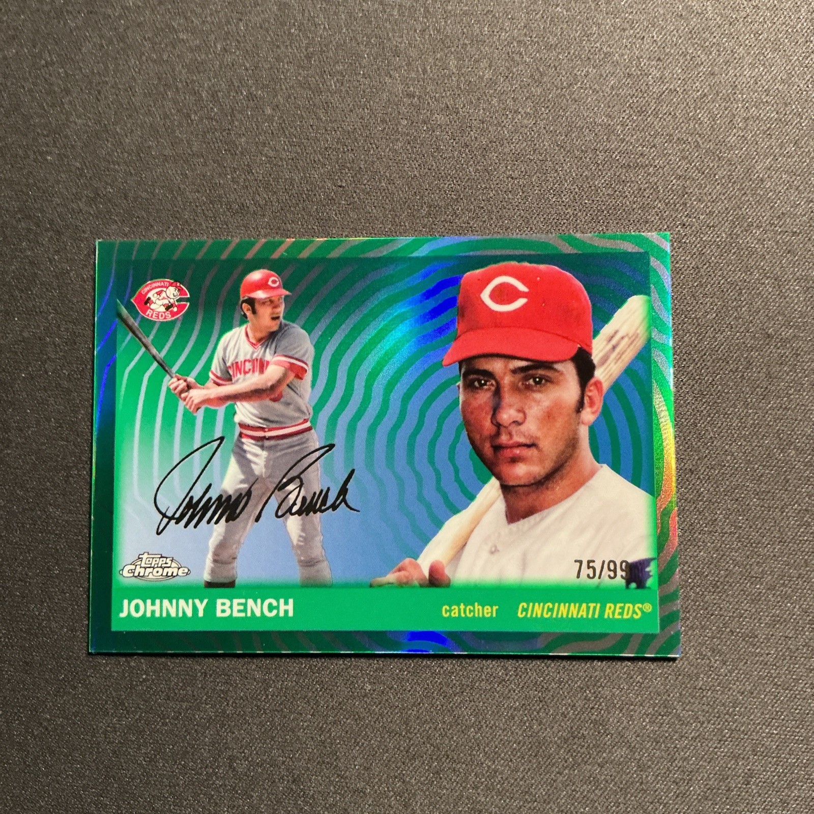 2025 Topps Chrome Platinum Johnny Bench #454 Prism & Green Vibrations /99 SP