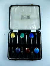 cased set 1928 LIBERTY & Co silver + guilloche enamel ART DECO coffee spoons