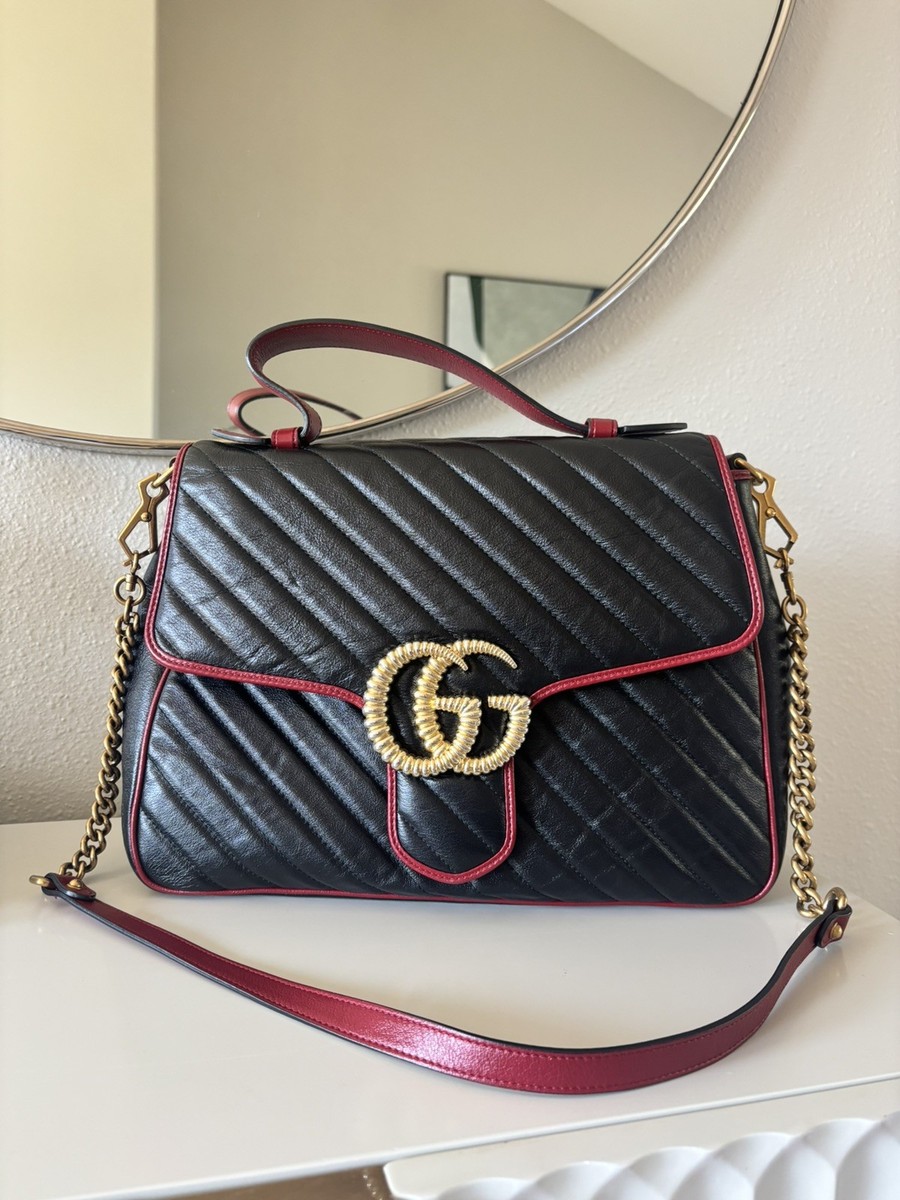Gucci GG Marmont Matelassé Black Red Leather Top Handle Shoulder
