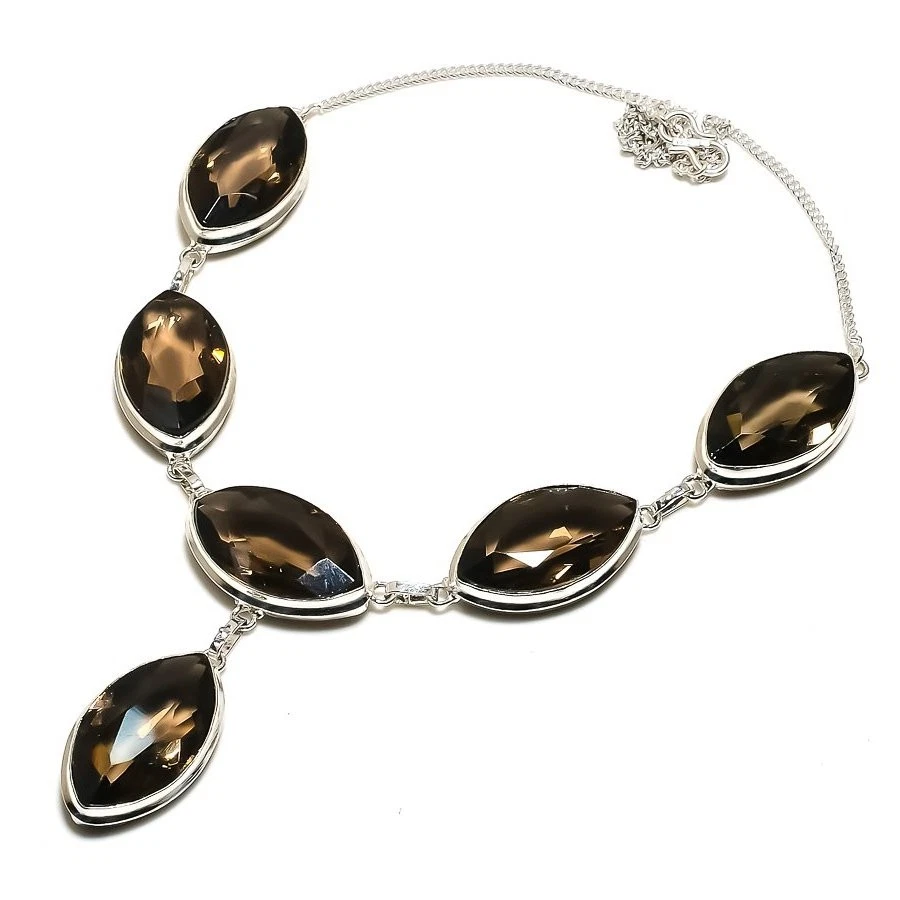 Smoky Quartz Marquise Shape Gemstone Handmade Ethnic Christmas Gift Necklace 18" - Image 3 of 4