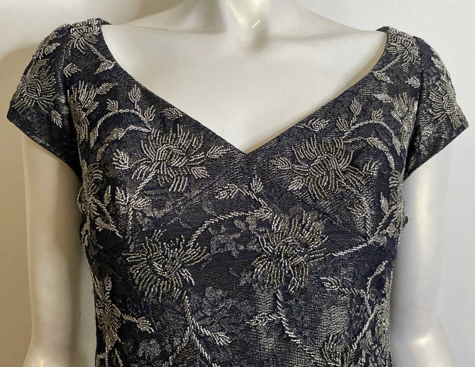 Vestido de Noche Carmen Marc Valvo Couture Largo Azul Marino Dorado Cuentas 4 Foto 3 de 4