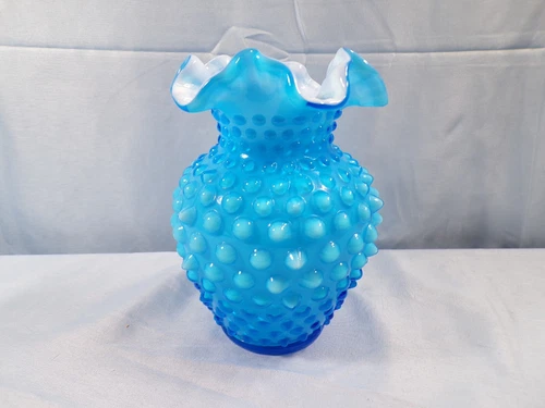 Fenton Blue Overlay Cased Glass Hobnail Vase 5 1/2" Tall