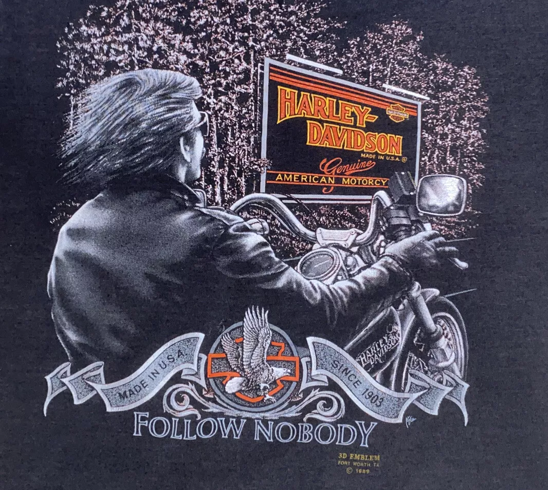 Vintage Harley Davidson 3D Emblem Follow Nobody T-Shirt 1989 Brooklyn New  York