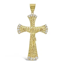 Jesus Crucifix Cross Pendant Mens Charm 10k Yellow Gold CZ 2.4 inch