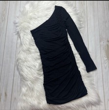 Forever 21 Runched Bodycon Dress One Sleeve Beaded Shoulder Black Sz Small -109