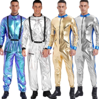 AGOKY DE Herren Astronaut Cosplay Space man Kostüm Metallic Overalls Karneval Party