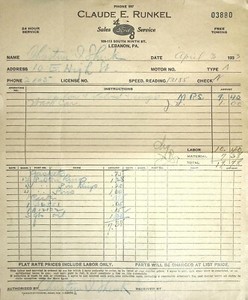 1930s Claude E. Runkel Ford Sales & Service Repair Invoice Lebanon PA