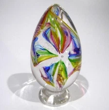 HAND BLOWN GLASS PAPERWEIGHT, BLUE GREEN RED YELLOW AQUA RAINBOW, DIRWOOD, n3858