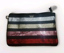 Victoria's Secret Sequin Canvas Cosmetic Bag Pencil Case red pink gold silver 