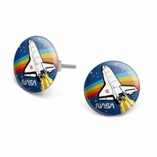 NASA Logo Over Space Shuttle with Rainbow Novelty Silver Plated Stud Earrings