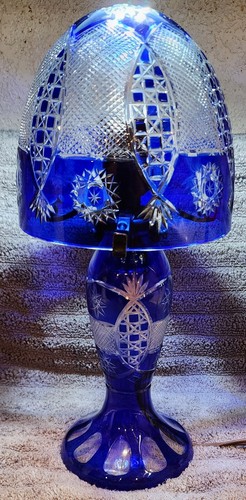 Bohemian Cut to Cobalt Blue & Clear Glass Mushroom Table Lamp 15" X 6" Beautiful