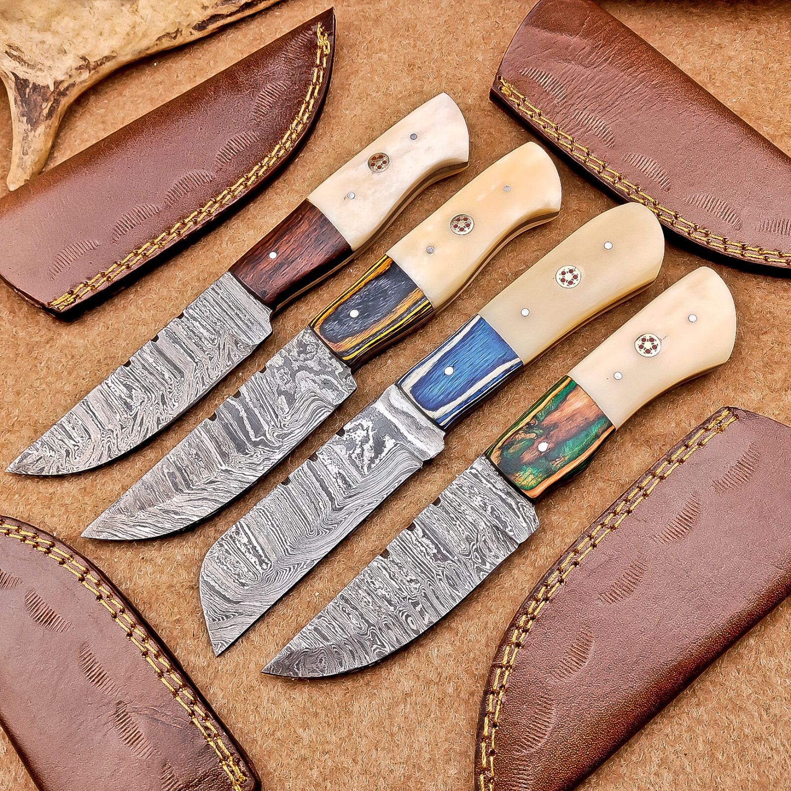 4-Piece Damascus Skinner Knife Set with 8