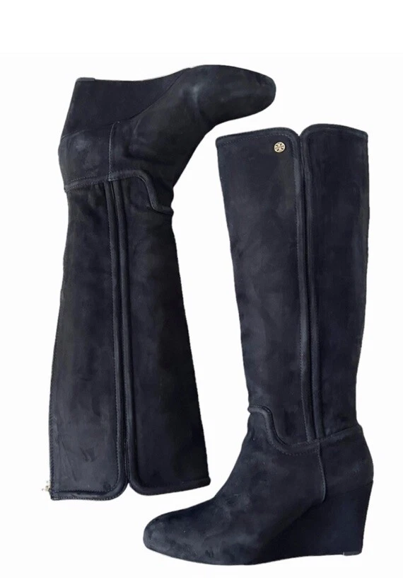 Tory Burch Tall Knee High Black Suede Leather Wedge Women's Boots Sz 7.5 - Image 4 of 4