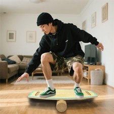 Wooden Roller Balance Board Surfing Trainer Core Strength Yoga Rocker Fitness UK