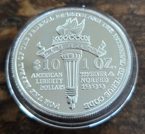1999 Silver 1 oz NORFED Liberty $10 Proof-Like - Variant 3 - Toned Reverse -99R