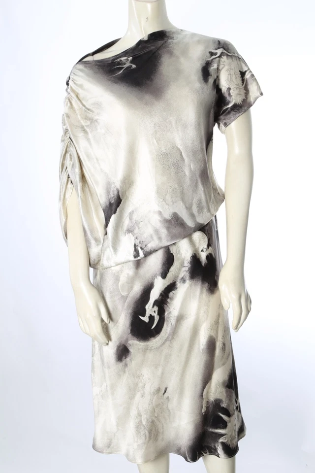 Vestido de Seda Josie Natori Negro Blanco Tie Dye Drapeado Midi Talla M Foto 2 de 4