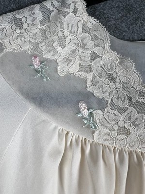 Vintage Shadowline Lingerie Nightgown Sz S White Embroidered Lace Full Button