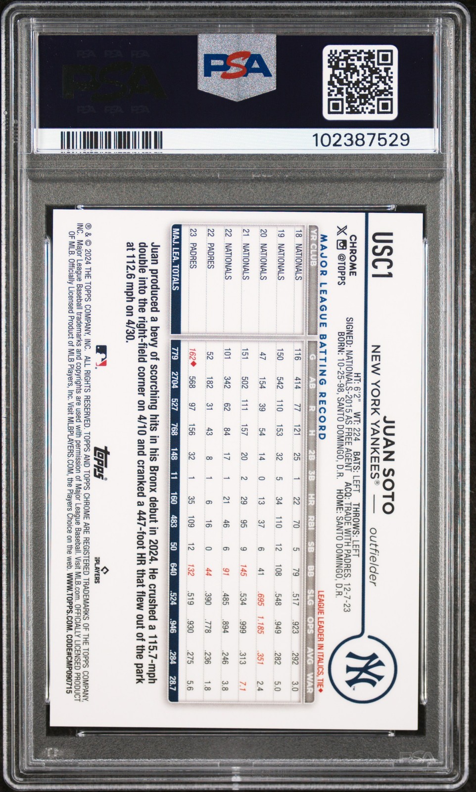 2024 TOPPS CHROME UPDATE BLACK REFRACTOR #USC1 JUAN SOTO 8/10 PSA 9 view 2