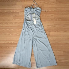 NWT Grade & Gather Women’s S. Blue Cutout Tie Front Halter Wide Leg Jump Suit