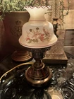 Vintage Hurricane Lamp painted floral milk glass shade and a polished brass-tone
