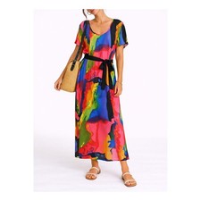 Ashley Stewart Colorful Belted Midi Dress Plus Size 22/24 Artsy Resort Statement